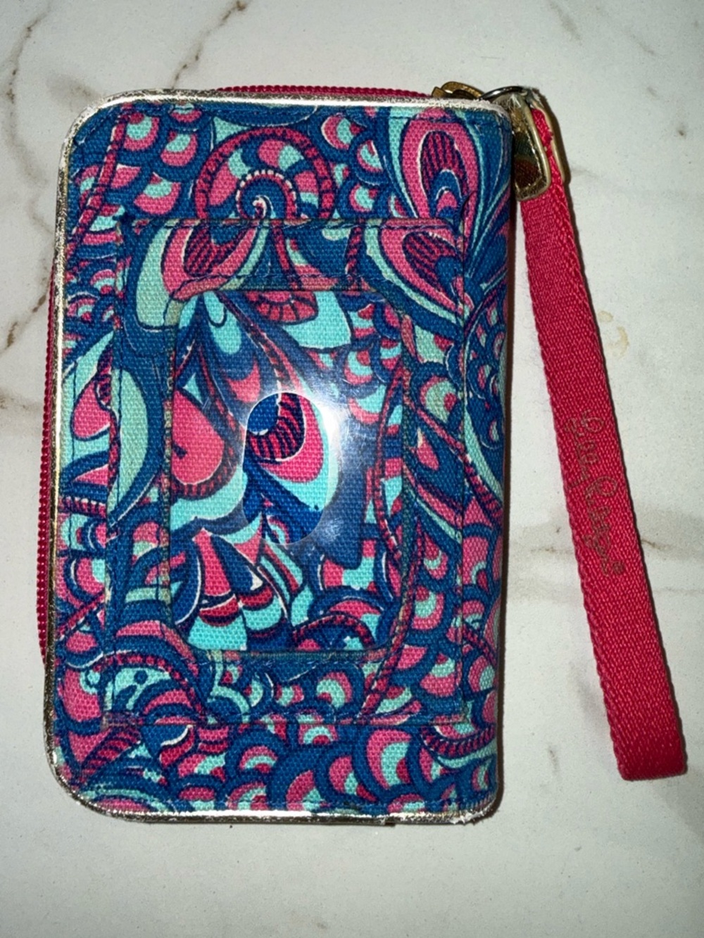 Lilly Pulitzer Zip Wallet Wristlet Blue Pink Print Card Holder Mini Wallet - Picture 2 of 3